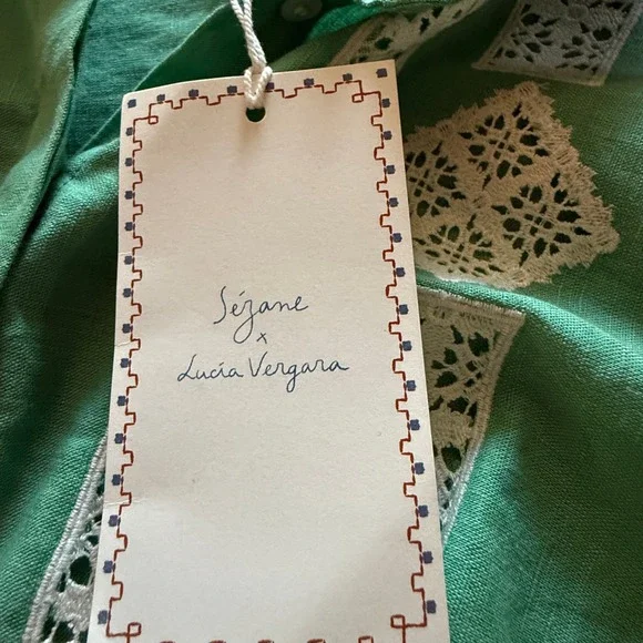 Sézane X Lucia Vergara Green Linen Embroidered Cottagecore Blouse Avant Garde - Picture 7 of 13